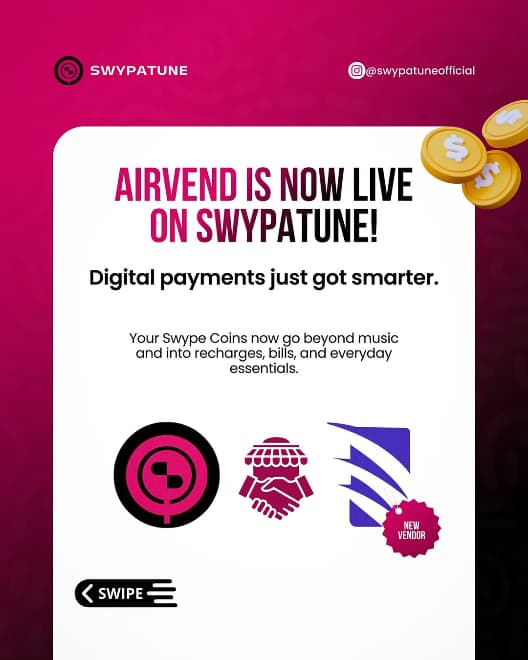 Airvend is now live on the Swypatune app